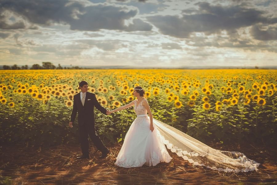 Brautpaar Hand in Hand im Sonnenblumenfeld